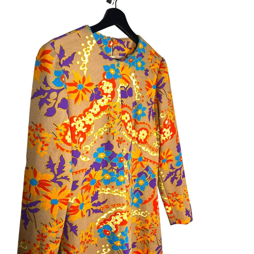 Vintage 60s Tan Multicolor Floral Print Long Sleeve Full Length Dress Medium - Picture 2 of 9